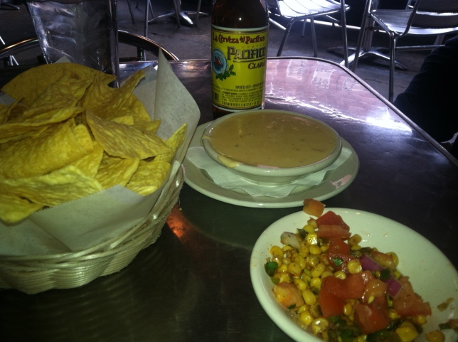 Chips, queso dip, corn salsa, and a cold beer! Cabo Fish Taco, Charlotte, NC
